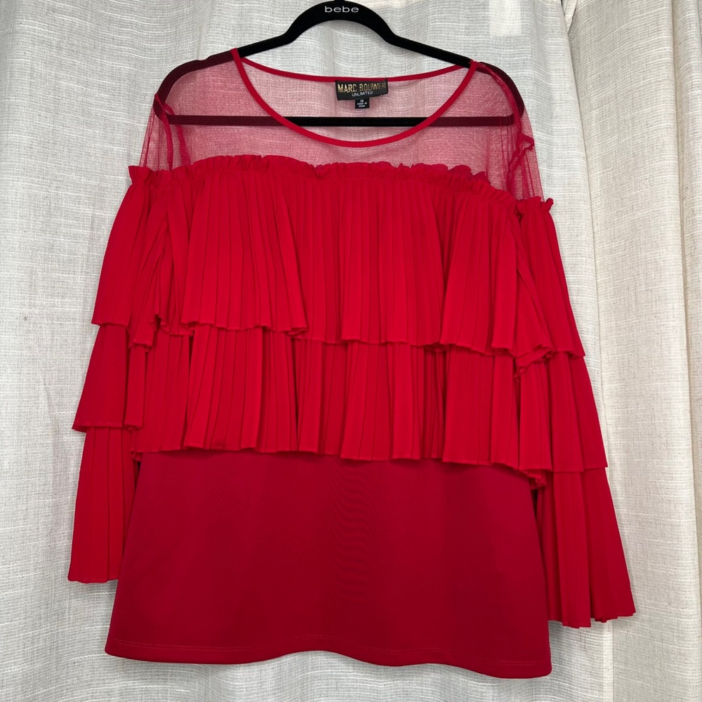 Marc Bouwer Pleated‎ Ruffle Tier Mesh Top Long Sleeve Red Women's Size 1X